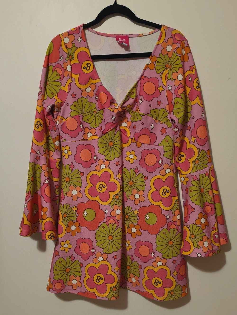 Barbie Retro 60s 70s Style Pink Floral Bell Sleeve Mini Dress Size XL